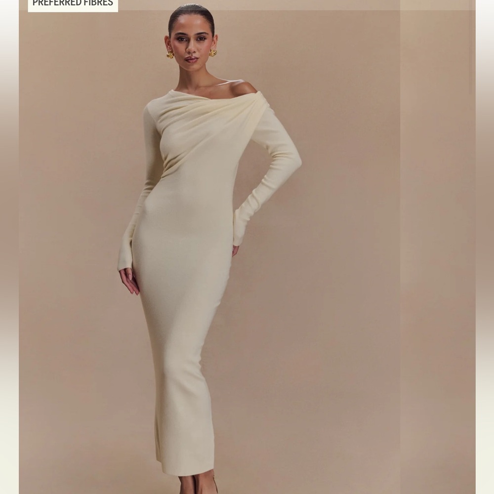 Meshki Cream Ribbed One Shoulder Bodycon Dress